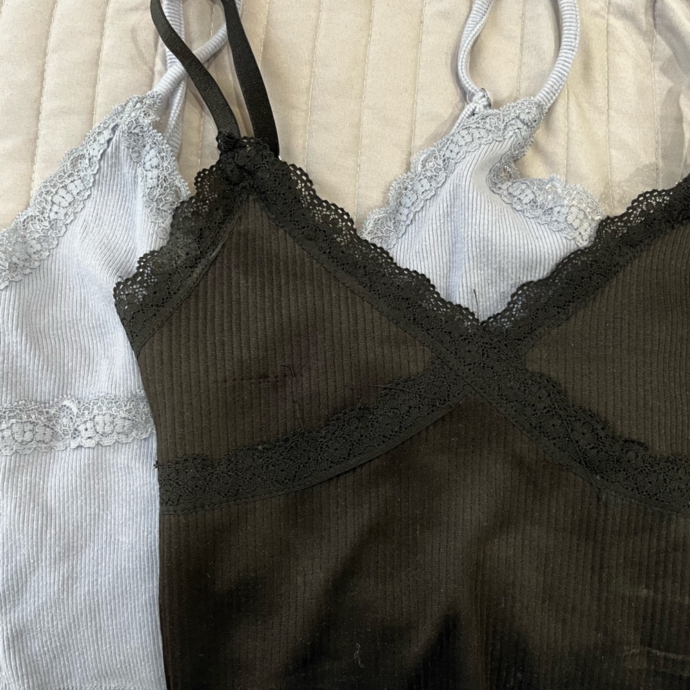 Black and periwinkle blue lace garage tops